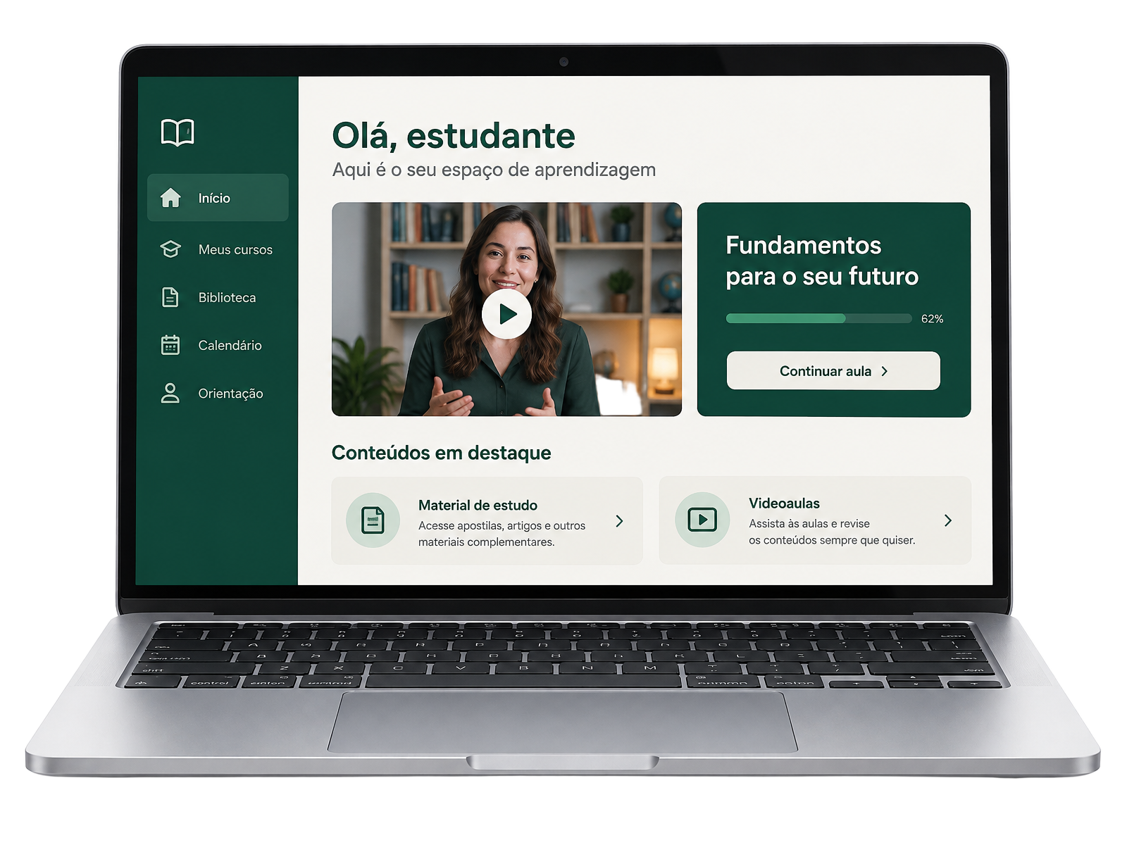 Notebook realista exibindo uma interface ilustrativa de estudos online